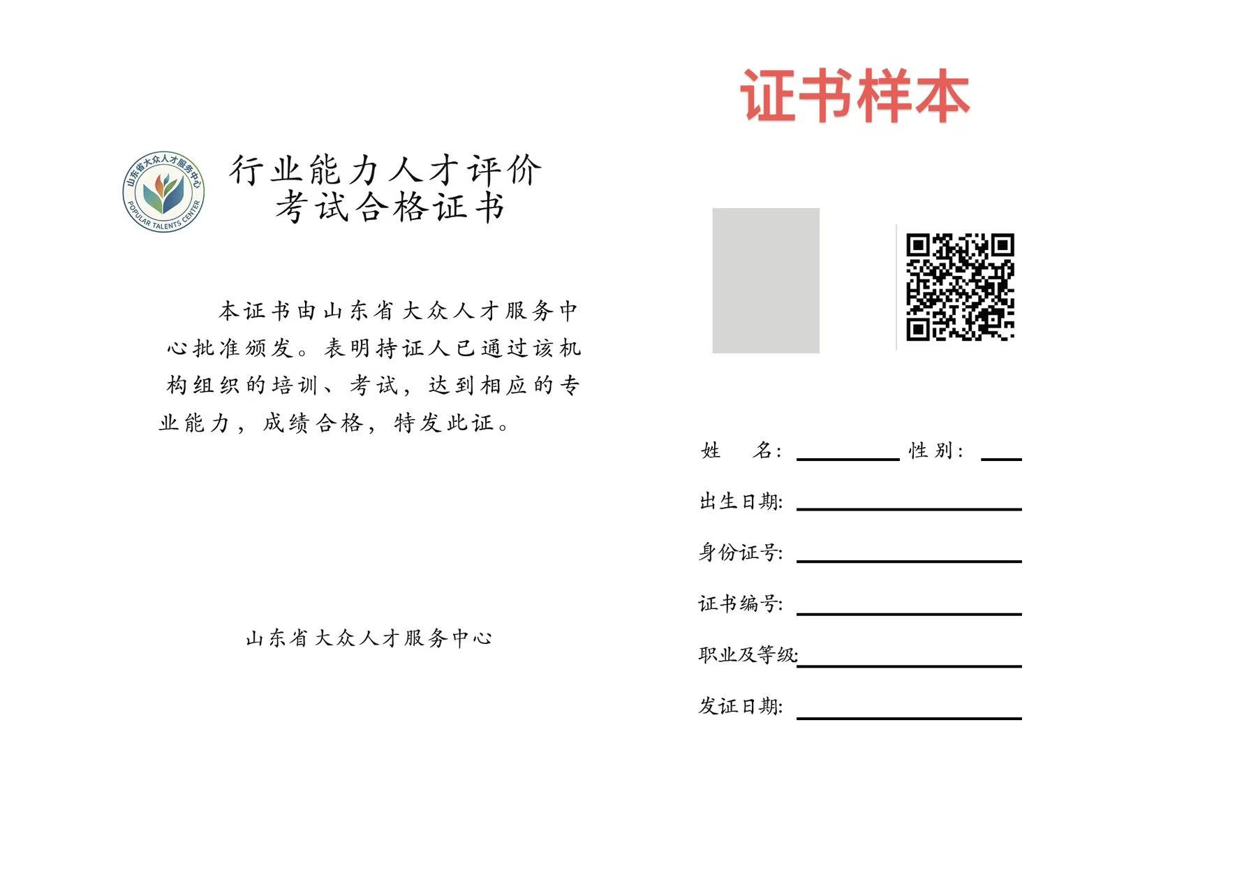 行业能力人才评价考试合格证书（内页）样本